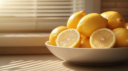 A serene kitchen scene featuring a bowl of fresh, whole lemons with one lemon cut open, bathed in warm sunlight streaming through window blinds.