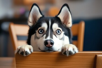 Funny Siberian Husky acting like a human, captured in a photo where the dog is sitting upright on a chair, as if itâ€™s ready for a conversation