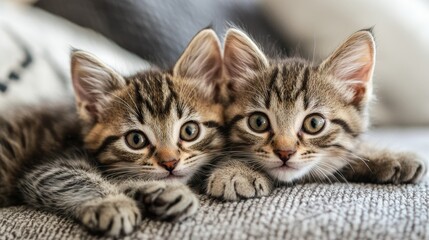Two adorable tabby kittens are cuddling close together on a soft, gray blanket. They are both looking directly at the camera with big, curious eyes. The kittens are relaxed and content, enjoying each 
