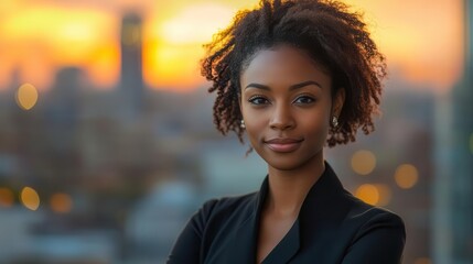 Fototapeta premium confident black businesswoman urban sunset backdrop of skyscrapers success and ambition personified golden hour lighting professional attire visionary pose