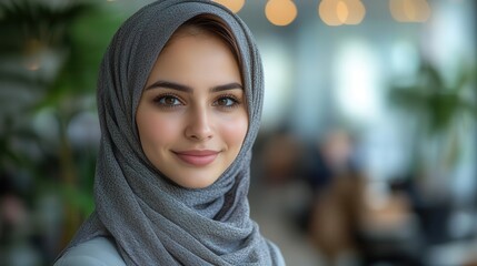 confident muslim businesswoman in hijab smiling in modern office setting professional portrait showcasing diversity and empowerment in workplace