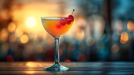 A colorful cocktail garnished with cherries sits elegantly on a wooden table during sunset at a vibrant outdoor bar