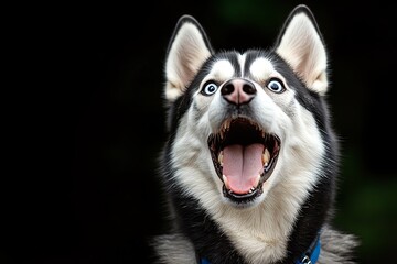 Obraz premium Funny Siberian Husky caught in mid-bark, captured in a photo where the dogâ€™s mouth is wide open, and its eyes are full of playful energy