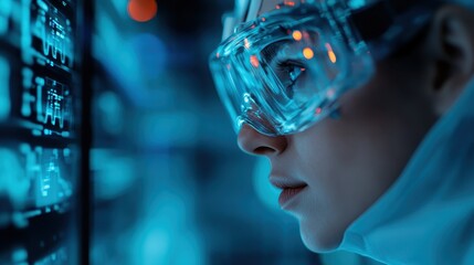 A lab setting image features a scientist analyzing data on a high-tech screen, accentuated by the cool blue lighting and advanced digital displays, highlighting the research environment.