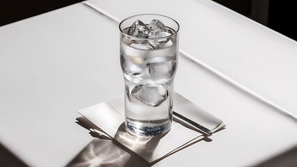 Glass of refreshing soda water with ice cubes on white table. Space for text