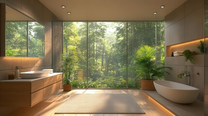Fototapeta premium contemporary bathroom featuring sleek white sink minimalist design clean lines natural light touches of greenery spalike serenity and luxury