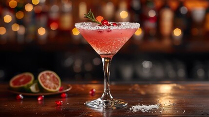 A refreshing cocktail garnished with rosemary, pomegranate seeds, and citrus sits on a bar counter illuminated by soft lights