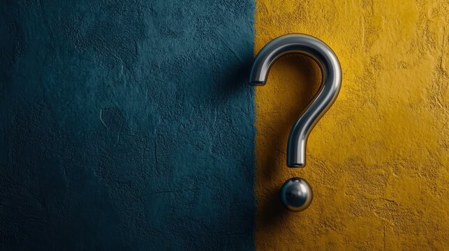 A sleek, glossy metallic question mark is centered on a background of two distinct tones, blue and yellow, symbolizing the sharp contrast between known and unknown territories.