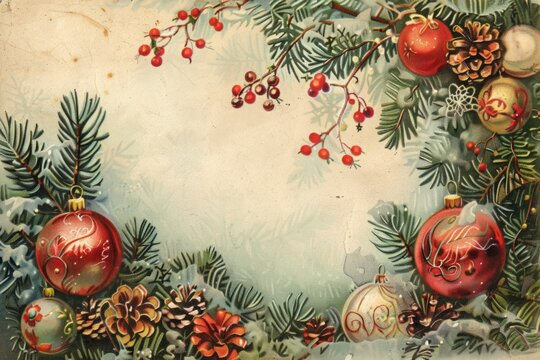 Vintage Christmas illustration with red and gold ornaments, pine branches, berries, and pinecones framing a light background. Holiday greeting card design. Generative AI