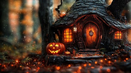   A small house in the woods, with a Jack-o'-lantern on the door and another inside the hole in the wall
