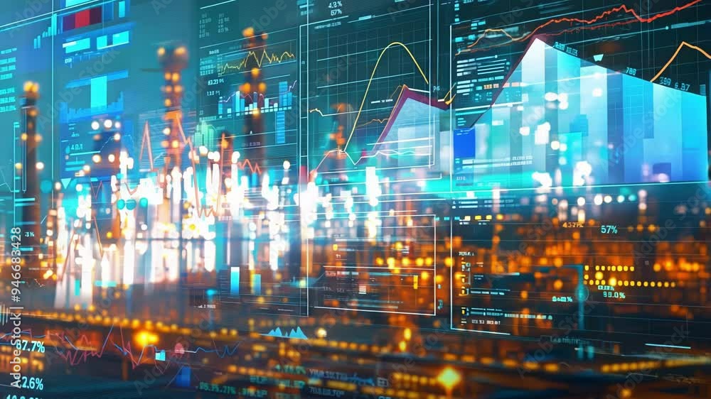 Poster digital data and charts superimposed over an industrial plant at night, visualizing performance metr