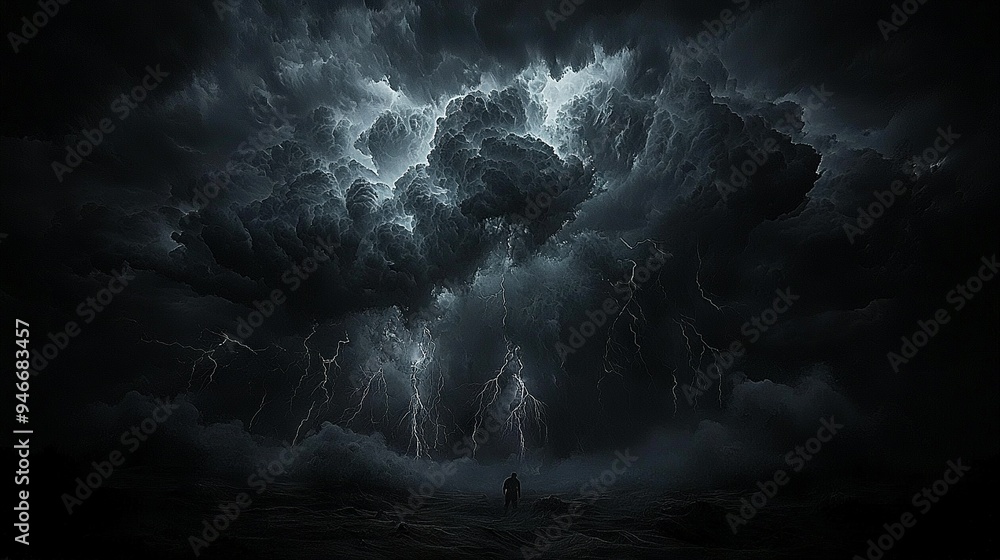 Poster a monochrome image of a man amidst a tempest with electrifying skies