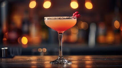 A crafted cocktail glass with a cherry garnish on a bar counter illuminated by warm, ambient lighting during the evening