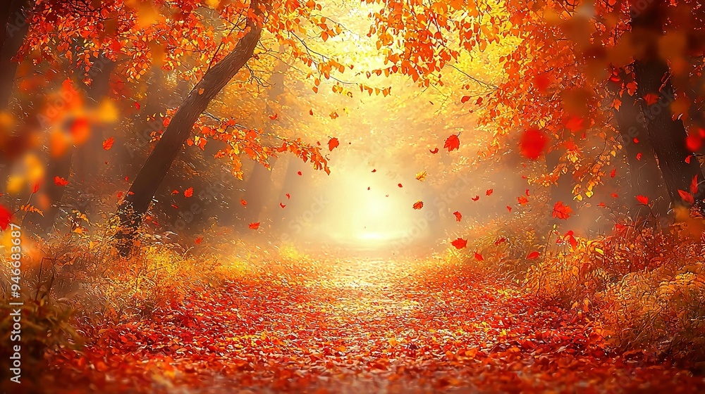 Poster an autumn scene with leaves on the ground and sunlight filtering through the trees is captured in th
