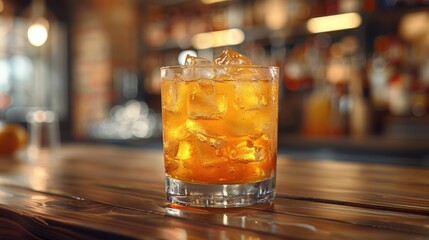 A refreshing cocktail served over ice on a wooden bar counter in a vibrant, well-lit lounge during evening hours