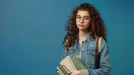 Obraz premium Young female with glasses and curly hair, holding a file and books, against a midnight blue background, copy space