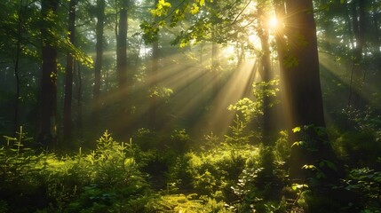 Obraz premium A forest with sunlight shining through the trees