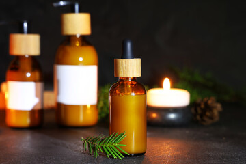 Bottles of cosmetic products and coniferous branches on dark background
