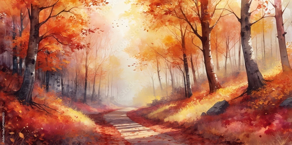 Poster autumn forest pathway with vibrant fall colors