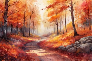 autumn forest pathway with vibrant fall colors
