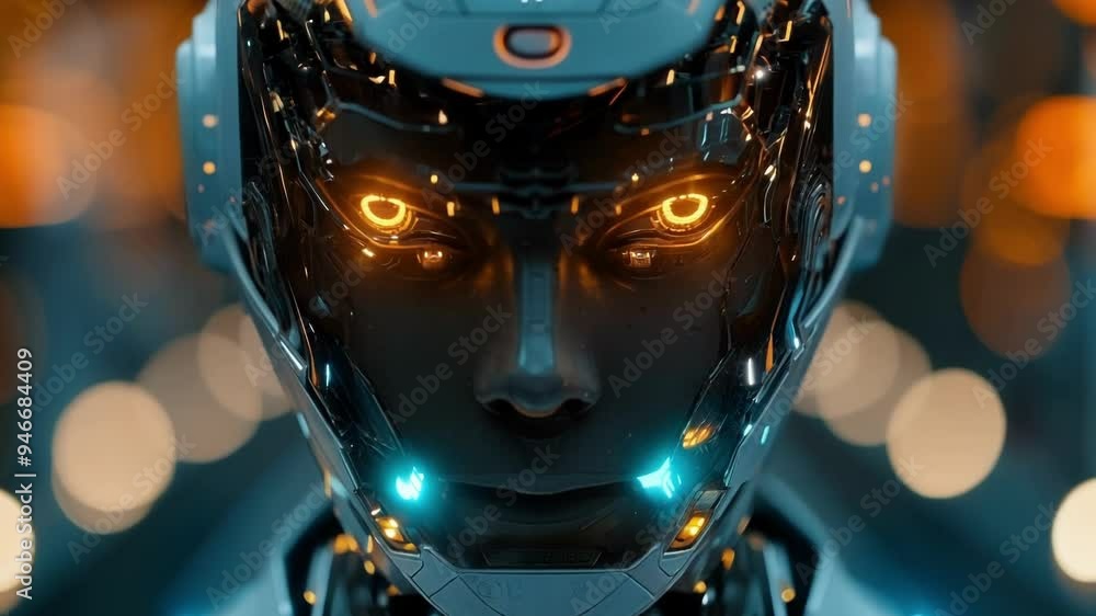 Poster android with glowing eyes is standing in a server room, suggesting its involvement in managing and a