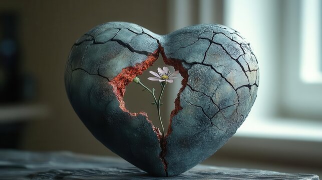 cracked heart sculpture with delicate flower sprouting healing symbolism emotional art piece contrasting textures hope emerging from pain poignant visual metaphor