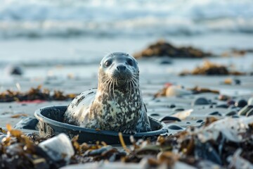 Naklejka premium Seal pup sitting in a plastic container amidst beach pollution. Ocean pollution and marine life crisis concept. Generative AI