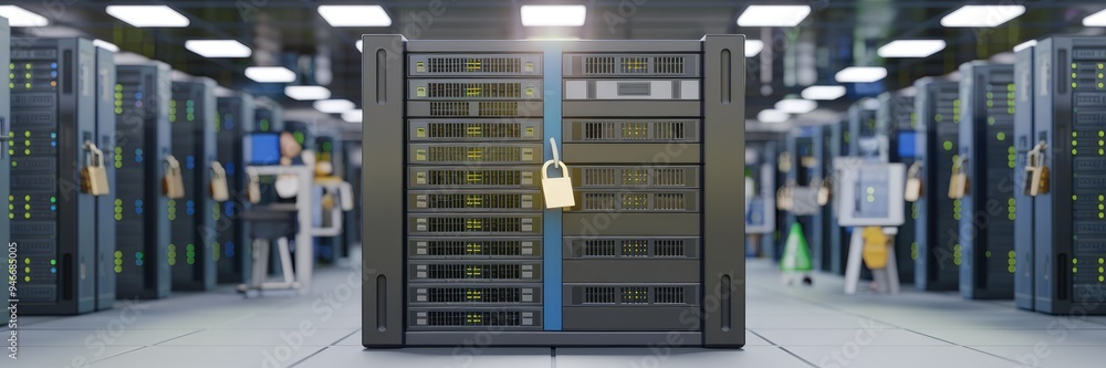 Poster 3d illustration of a lock securing server in a data center