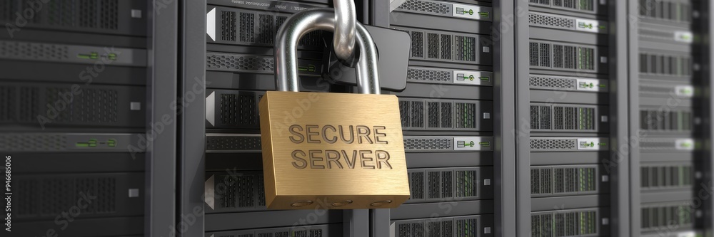 Aufkleber 3d illustration of a lock securing server in a data center