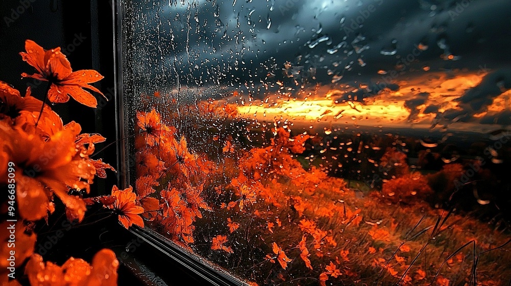 Poster an image showing a field with orange flowers viewed from a rain-drenched window