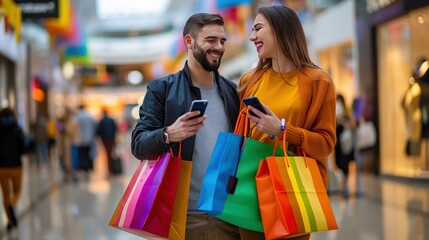 Smiling couple in mall, colorful bags in hand, looking at each other with phones, blurred background, joyful slow motion.