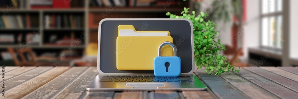 Poster 3d rendering of yellow folder and lock on laptop - data security concept
