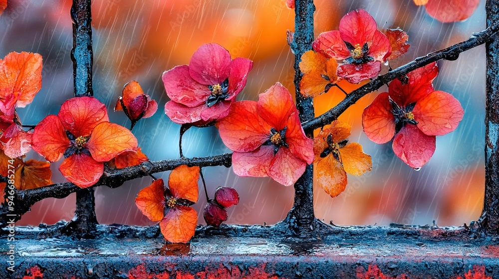 Poster a tree branch adorned with red and orange flowers is visible through the window during a light drizz