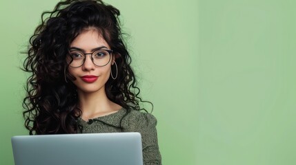Young woman with glasses, curly hair, laptop in hand, against a light lime background, copy space for text