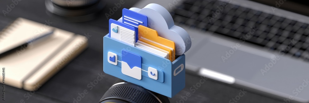 Poster 3d rendering of cloud storage folder on a mobile device with a lens in close proximity