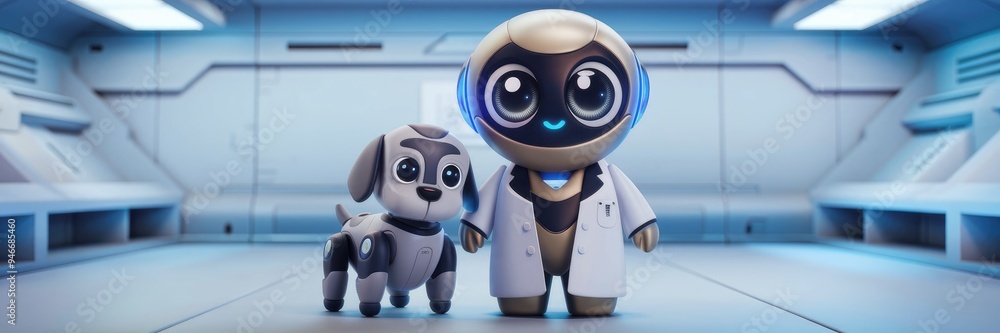 Poster 3d rendering of an adorable personal assistant robot accompanied by a robotic dog
