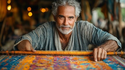 Master Weaver: Portrait of a skilled artisan crafting a vibrant tapestry 