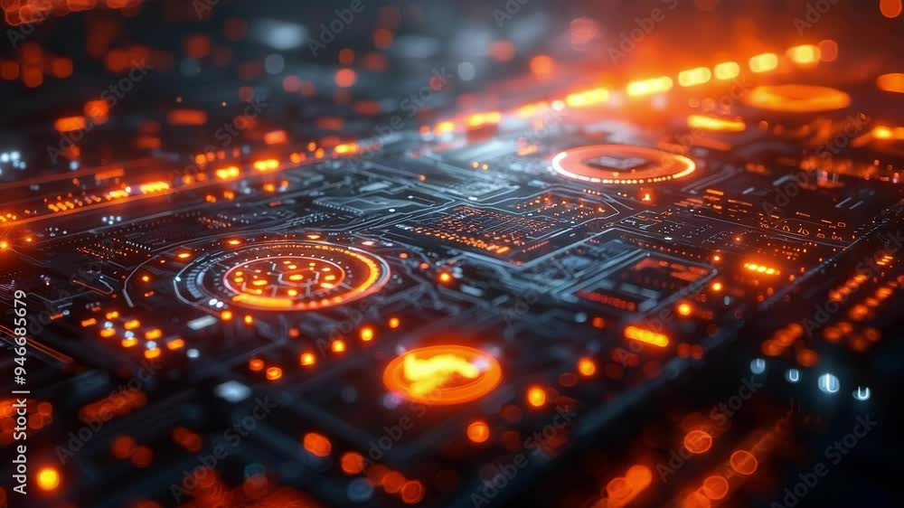 Poster orange lights are glowing on a futuristic circuit board, giving a sense of intense activity and data