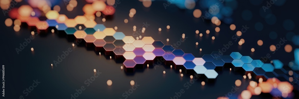 Poster abstract illuminated hexagonal design with bokeh effects on dark background