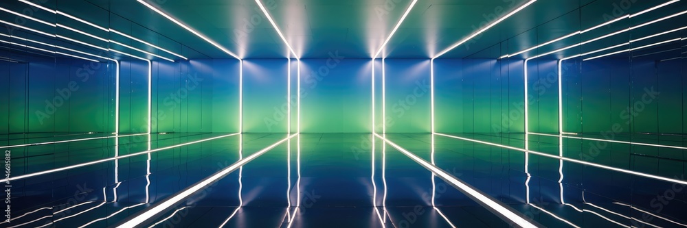 Poster Abstract blue-green gradient studio room with reflective walls and floor illuminated by neon lights, creating a dynamic background