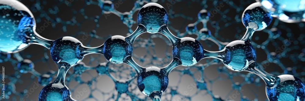 Poster abstract blue interconnected glass bubbles molecule background. concept of abstraction and creativit