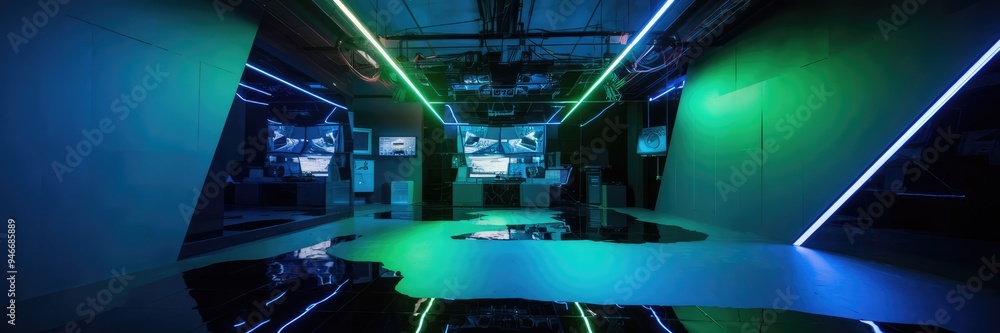 Poster Abstract blue-green gradient studio room with reflective walls and floor illuminated by neon lights, creating a dynamic background
