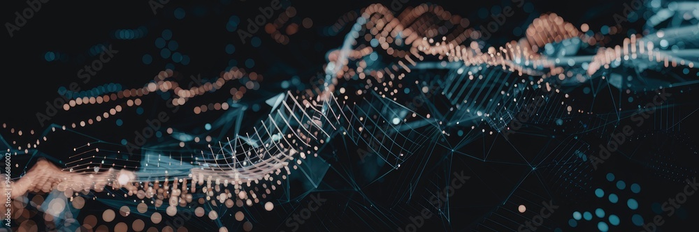 Poster abstract data technology background featuring interconnected dots and lines on a dark backdrop. 3d r