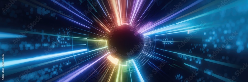 Poster abstract multicolored radial zoom effect with blurred tunnel on dark backdrop. dynamic light rays cr