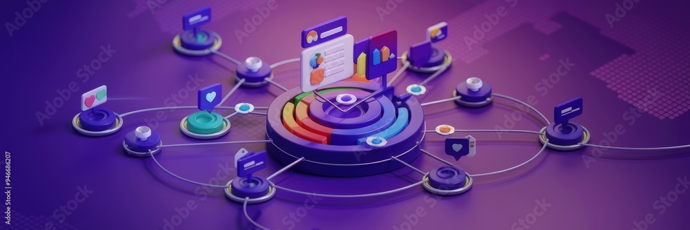 Poster abstract representation of data processing on a purple background, emphasizing global social media c
