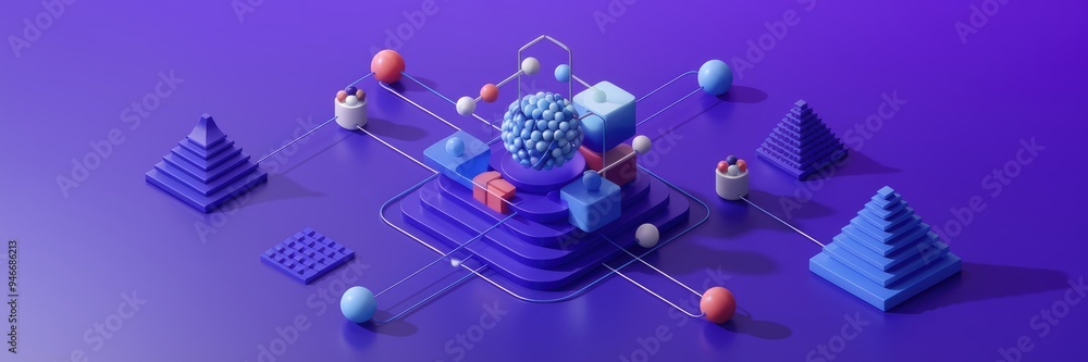 Poster abstract representation of data processing on a purple background, emphasizing global social media c