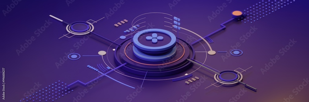 Poster abstract representation of data processing on a purple background, emphasizing global social media c
