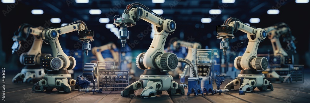 Poster advanced robotic machinery on a dark backdrop with ample copy space. digital transformation in elect