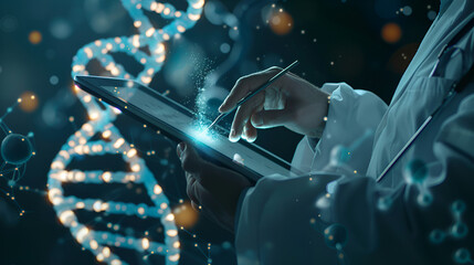 Abstract luminous DNA molecule. Doctor using tablet and check with analysis chromosome DNA genetic of human on virtual interface. Medicine. Medical science and biotechnolog