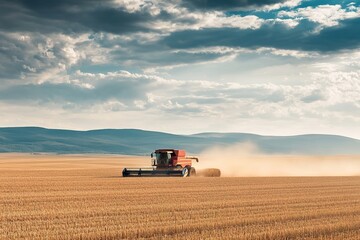 Fototapeta premium Harvester in golden wheat field under blue sky